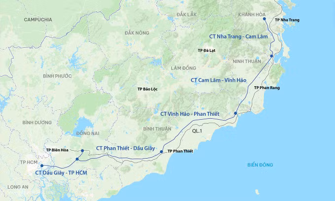 Hướng tuyến cao tốc Vĩnh Hảo - Phan Thiết. Ảnh: Đăng Hiếu