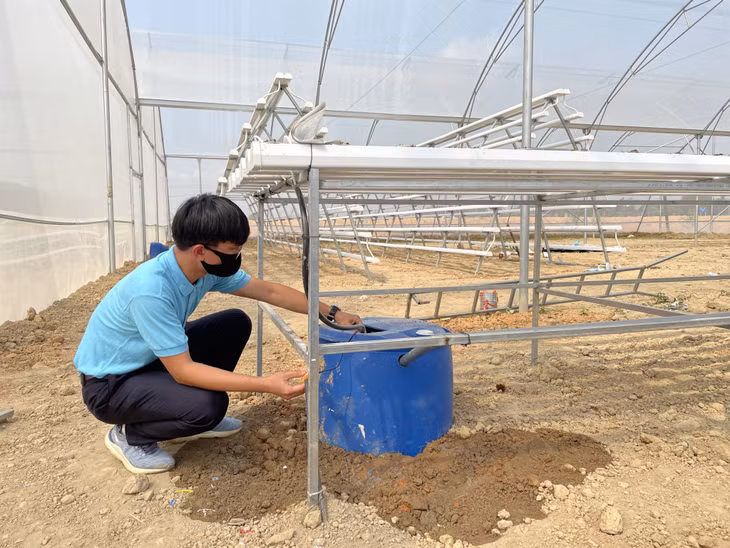 Hệ thống tưới nhỏ giọt tự động được điều khiển trên điện thoại thông minh của mô hình trồng nho, hoa, chăn nuôi gà lai Indonesia kết hợp du lịch tại HTX Xuân Viên.