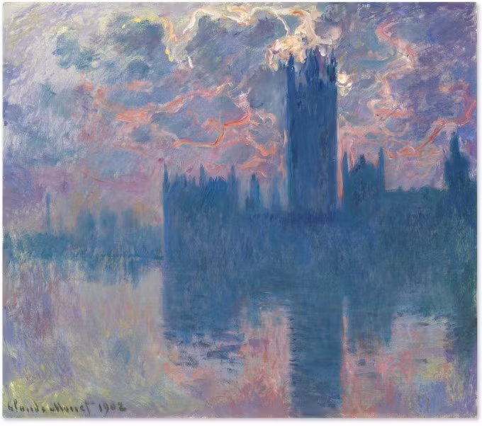 Bức "Le Parlement, soleil couchant" hoàn thành năm 1902, vẽ khung cảnh tòa nhà quốc hội ở trạng thái ánh sáng khác, được bán 40,5 triệu USD trong phiên đấu giá của Christie's năm 2015. Ảnh: Christie's
