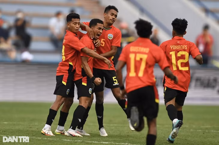 U23 Timor Leste ăn mừng sau khi ghi bàn vào lưới U23 Myanmar (Ảnh: Tiến Tuấn).