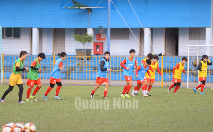 Các cầu thủ khởi động nhẹ trước giờ tập với tinh thần phấn khởi.