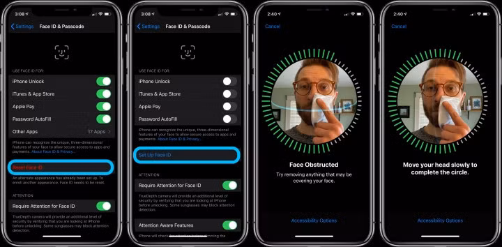 Reset lại Face ID có sẵn và tiến hành thiết lập Face ID lại từ đầu như bình thường.