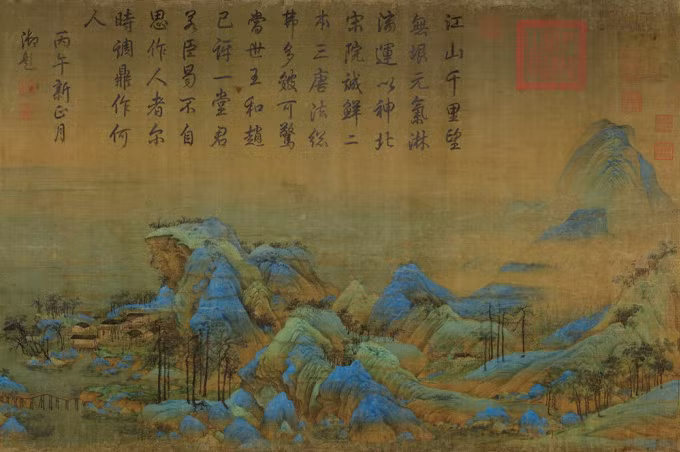 Dấu "Càn Long ngự lãm chi bảo" được đóng trên tác phẩm "Thiên lý giang sơn" của Vương Hy Mạnh, hiện trưng bày ở Bảo tàng Cố Cung (Bắc Kinh). Ảnh: The Value