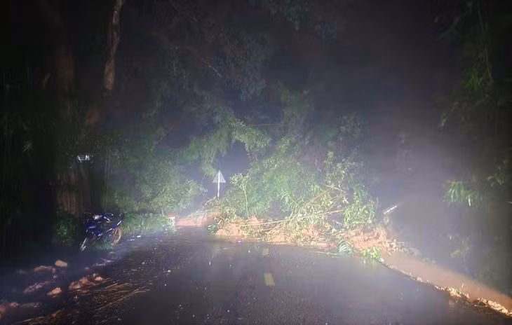 Khối lượng lớn đất, đá sạt lở tràn xuống đường tại Km51 trên Quốc lộ 28 đoạn qua đèo Gia Bắc. Ảnh: Phúc Khánh