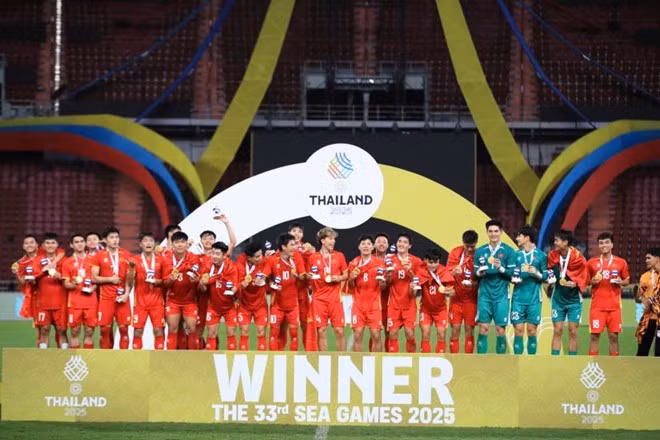 Môn bóng đá nam đã nhận đánh giá là hoàn thành xuất sắc nhiệm vụ tại SEA Games 33. Ảnh: Minh Dân