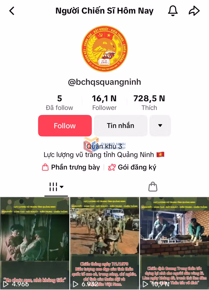 Kênh Tiktok "Người Chiến sĩ hôm nay" của Phòng Chính trị, Bộ CHQS tỉnh hiện có hơn 16.000 lượt người theo dõi.
