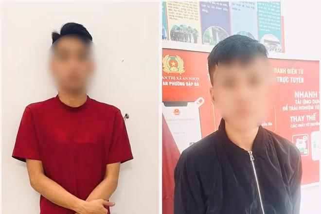 Phát (áo đỏ) và Tiến đã trộm 14 xe máy ở Gia Lai chỉ trong 1 tháng. Ảnh: Công an