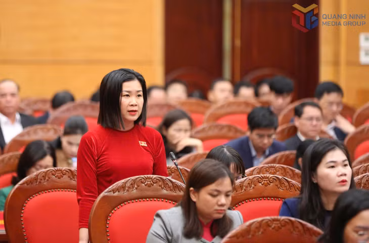 Đại biểu La Thị Thủy, Trưởng Ban xây dựng Đảng, Trưởng Ban Kinh tế - Ngân sách HĐND xã Điền Xá, chất vấn tại kỳ họp.