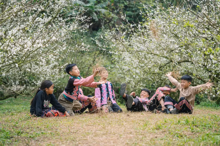 Trẻ em H'Mông sống ở các bản quanh thung lũng mận thường vui chơi dưới tán cây. Mận ra hoa trắng muốt tinh khôi ẩn hiện tạo nên khung cảnh đầy cảm hứng cho các nhiếp ảnh gia.
