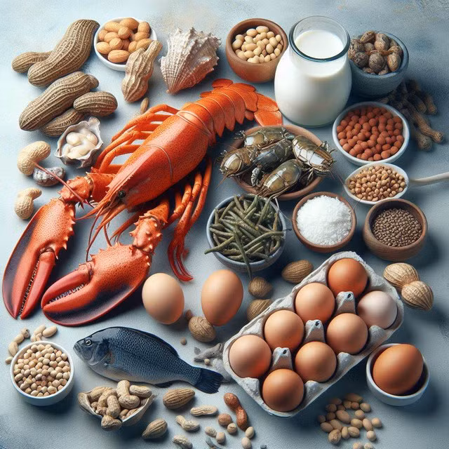 Sữa, trứng, đậu phộng, hạt cây, đậu nành, lúa mì, cá, động vật có vỏ là những thực phẩm dễ gây dị ứng.
