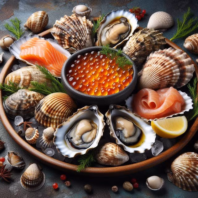 Vitamin B12 có nhiều trong cá/ động vật có vỏ (sò, hàu, ngao, hoặc trứng cá hồi).