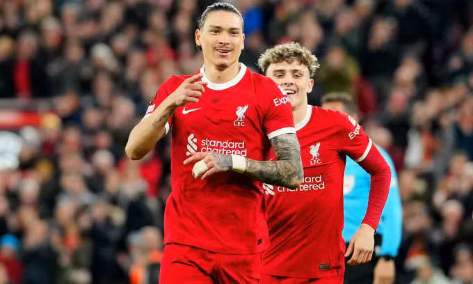 Tiền đạo Darwin Nunez mừng bàn mở tỷ số cho Liverpool trước Sparta Prague trên sân Anfield, thành phố Liverpool, Anh, lượt về vòng 1/8 Europa League tối 14/3/2024. Ảnh: AP