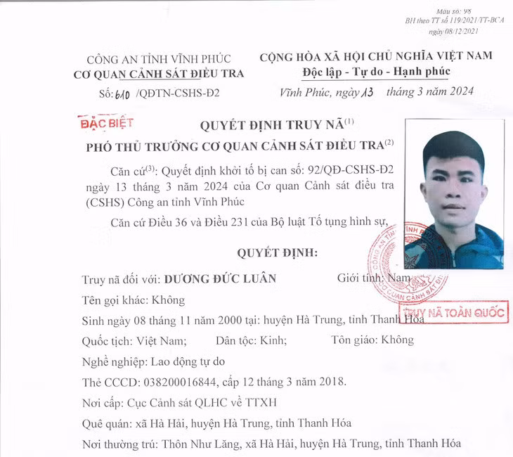 Quyết định truy nã bị can Dương Đức Luân của Công an Vĩnh Phúc - Ảnh: Công an cung cấp