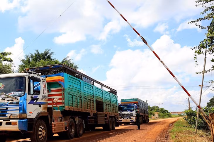 Xe chở hàng qua cửa khẩu quốc gia Chàng Riệc, xã Tân Lập, huyện Tân Biên (Tây Ninh). Ảnh: Hồng Đạt - TTXVN