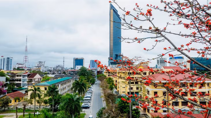Hoa gạo khoe sắc cùng khách sạn cao nhất Huế. Ảnh: Hoàng Lê