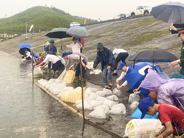 Các đồng chí lãnh đạo huyện và nhân dân thả cá giống tại hồ Trúc Bài Sơn xã Quảng Sơn, huyện Hải Hà.