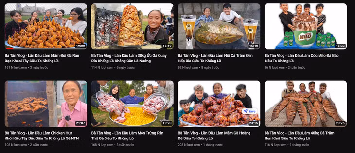 Nội dung trên kênh Bà Tân Vlog thời gian qua, vẫn một kiểu gần 5 năm chưa thay đổi - Ảnh: YouTube nhân vật