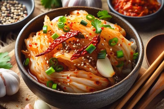 Kim chi là một món ăn lên men thơm ngon của Hàn Quốc có thể mang lại nhiều lợi ích sức khỏe và giúp làn da sáng mịn và ngăn ngừa lão hóa da sớm. Ảnh: AI - Ngọc Thùy