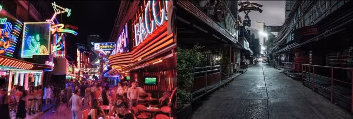 Một con phố ở Patpong nhộn nhịp vào năm 2012 và vắng bóng khách du lịch vào năm 2021. (Ảnh: Alamy)