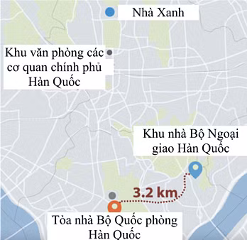 Vị trí Nhà Xanh và hai tòa nhà từng được cân nhắc trở thành văn phòng làm việc mới của ông Yoon Suk-yeol. Đồ hoạ: Joongang Daily