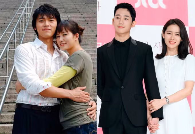 Kim Sun Ah và Hyun Bin (trái) trong phim "Tên tôi là Kim Sam Soon". Ảnh phải: Jung Hae In và Son Ye Jin khi quảng bá "Chị đẹp mua cơm ngon cho tôi". Ảnh: News1