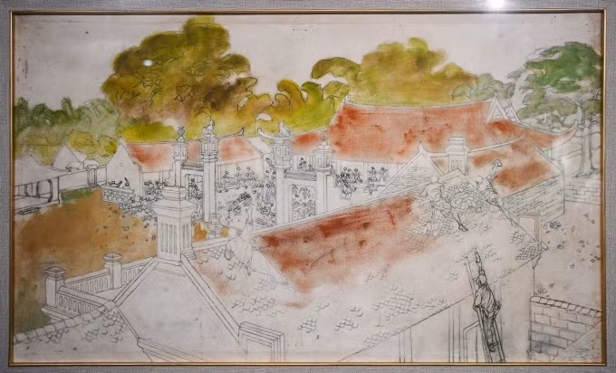 Bức "Trận chiến đình Mông Phụ", chất liệu sơn dầu trên toan, kích thước 39,5x28,5 cm. Tác phẩm chưa hoàn thiện, nhiều hình ảnh chỉ được vẽ lớp mỏng đầu tiên. Tranh khắc họa trận chiến tại đình Mông Phụ, Đường Lâm - quê hương họa sĩ. Theo giám tuyển Vũ Đỗ, là phóng viên ký họa chiến trường, họa sĩ sử dụng những kiến thức về phối cảnh để tái hiện trận chiến ác liệt và không gian bề thế của ngôi đình.