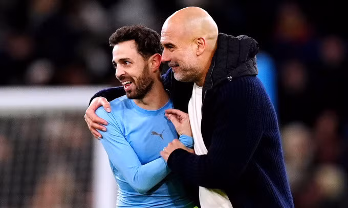 HLV Pep Guardiola mừng sau khi Man City thắng Club Brugge trên sân Etihad, thành phố Manchester, Anh tối 29/1/2025. Ảnh: PA
