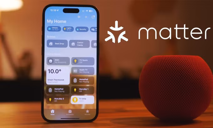Ứng dụng Home trên iPhone và biểu tượng tiêu chuẩn Matter. Ảnh: Homekitauthority