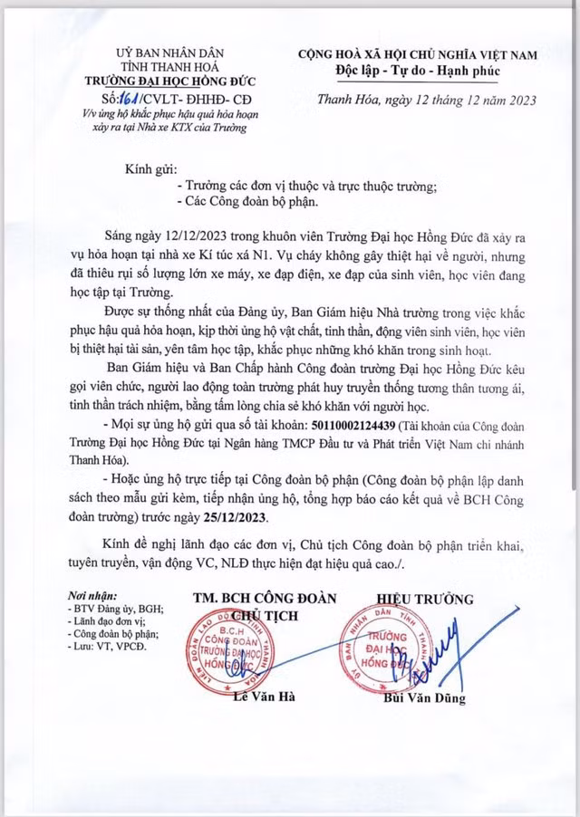 Trường Đại học Hồng Đức kêu gọi chia sẻ khó khăn cùng các em sinh viên bị cháy xe.
