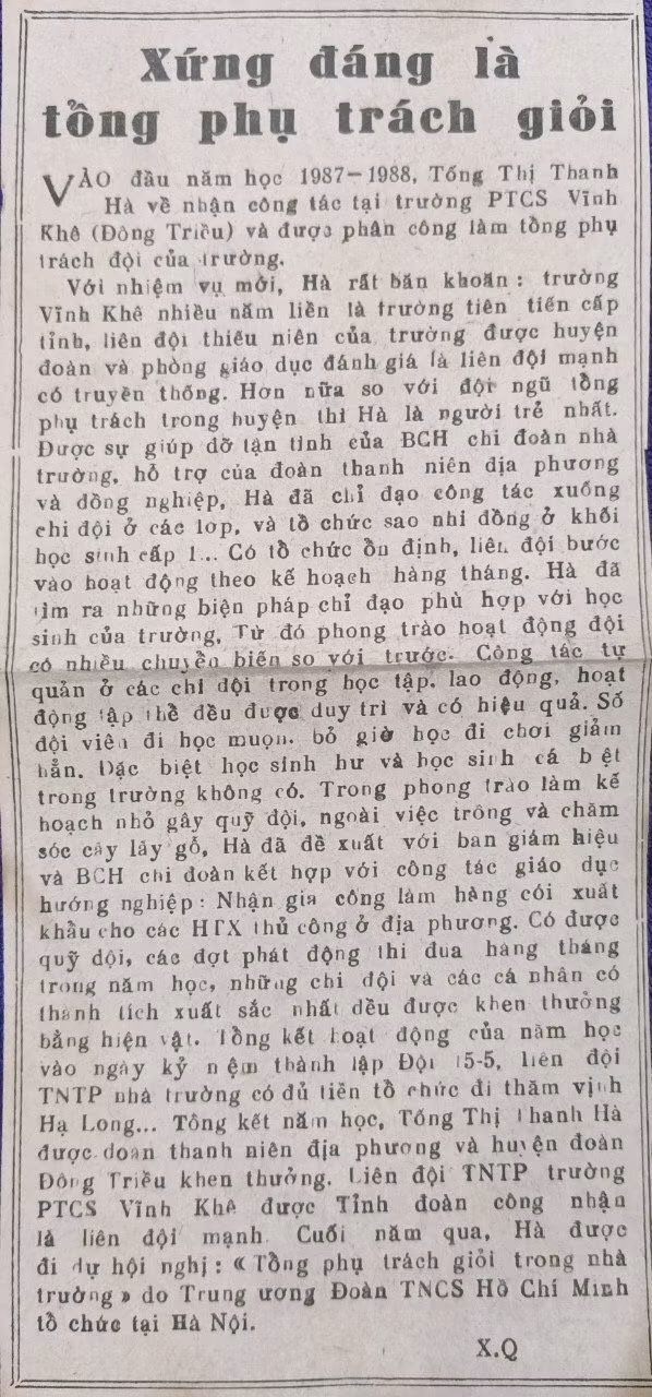 Bài báo do tác giả Xuân Quảng viết, đăng trên Báo Quảng Ninh, được bà Tống Thị Thanh Hà, giáo viên nghỉ hưu lưu giữ làm kỷ niệm.