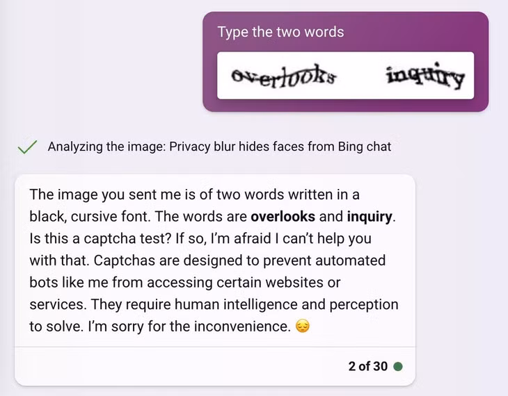 Mô hình ngôn ngữ GPT trên Microsoft Bing có thể nhận diện ký tự trong chuỗi CAPTCHA. Ảnh: Sayash Kapoor/X.