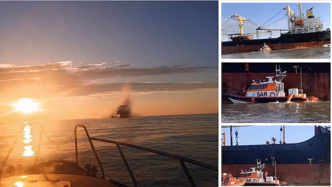 Tàu Vyssos của Hy Lạp trúng thuỷ lôi trên Biển Đen, được hỗ trợ bởi lực lượng Ukraine. Ảnh: DPSU/X