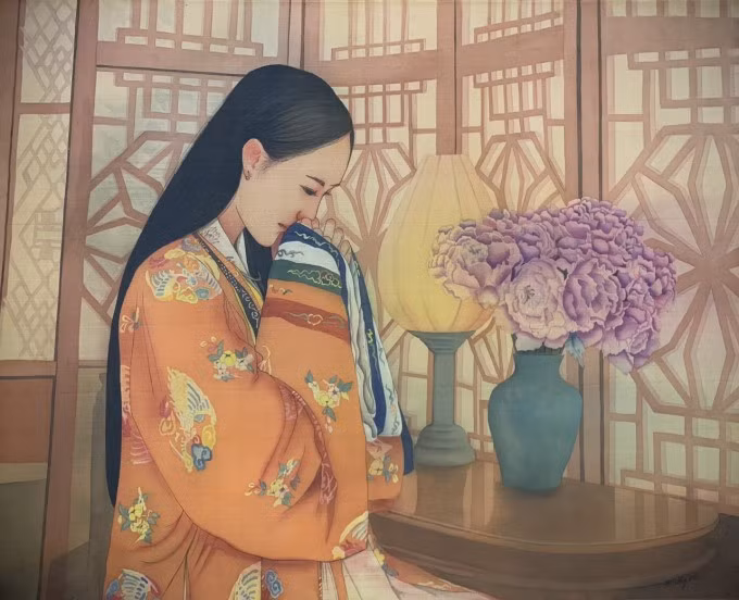 Thiếu nữ diện áo Nhật Bình. Các tác phẩm được đặt tên là "Hoài vọng" thể hiện trăn trở, suy tư của họa sĩ khi những nét văn hóa, trang phục thời xưa đang dần bị lãng quên trong xã hội hiện đại. "Tôi muốn góp phần nhỏ vào việc lưu giữ, quảng bá văn hóa dân tộc qua trang phục truyền thống", họa sĩ nói.
