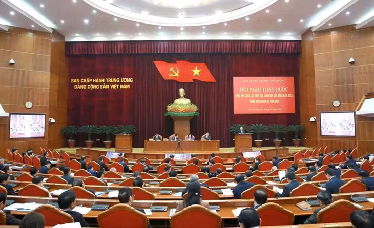 Quang cảnh Hội nghị toàn quốc tổng kết công tác kiểm tra, giám sát của Đảng năm 2023, triển khai nhiệm vụ năm 2024. (Ảnh: Phương Hoa/TTXVN)