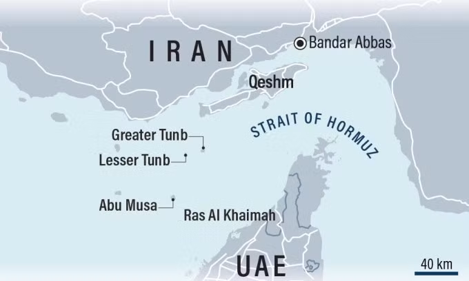 Vị trí các đảo Greater Tunb, Lesser Tunb và Abu Musa. Đồ họa: thenationalnews