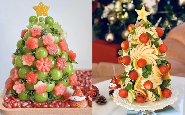 Những cây thông Noel làm từ trái cây với thiết kế cực kỳ sáng tạo, độc đáo được các chị em khéo tay dày công chuẩn bị. (Ảnh: Ngọc Bích, Cao Thanh Thủy)