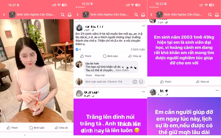 Các bài đăng tìm kiếm người hỗ trợ kinh tế trong những hội nhóm "giúp đỡ sinh viên" (Ảnh chụp màn hình).