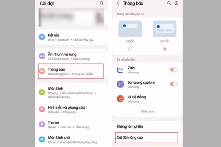 Mở Cài đặt > Bấm chọn phần Thông báo > Vào mục Cài đặt nâng cao