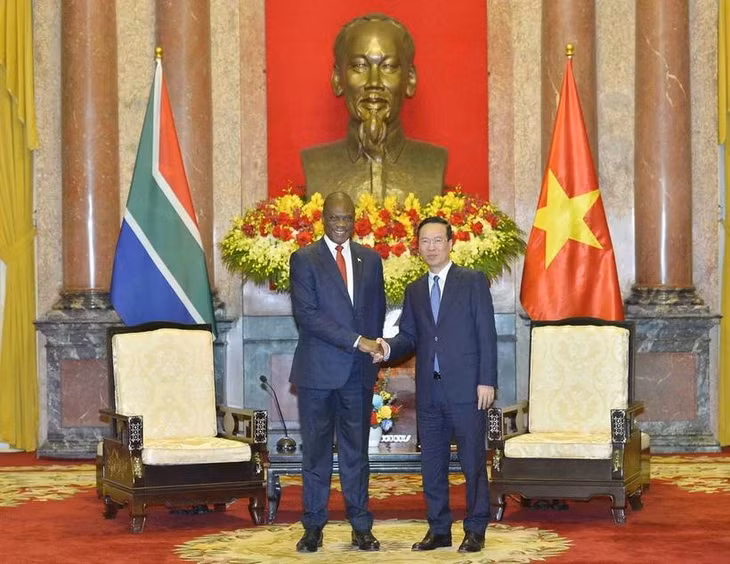 Chủ tịch nước Võ Văn Thưởng tiếp Phó Tổng thống Cộng hòa Nam Phi Paul Mashatile. (Ảnh: Minh Đức/TTXVN)