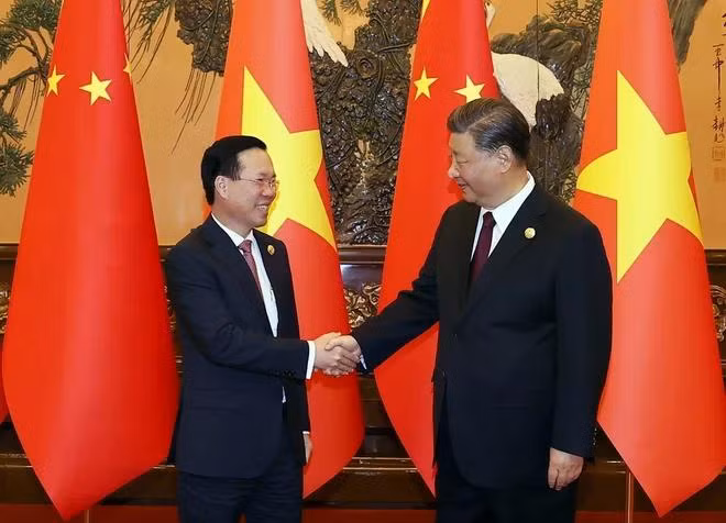 Chủ tịch nước Võ Văn Thưởng hội kiến Tổng Bí thư, Chủ tịch Trung Quốc Tập Cận Bình. (Ảnh: Thống Nhất/TTXVN)