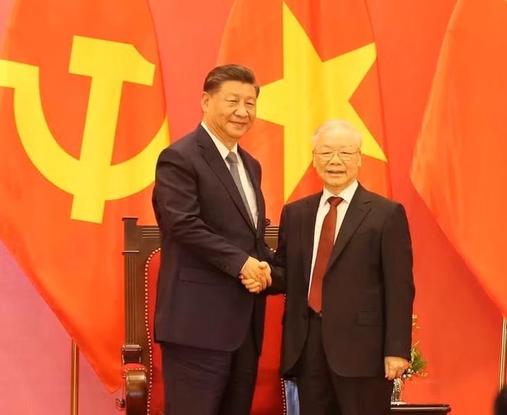 Tổng Bí thư Nguyễn Phú Trọng và Tổng Bí thư, Chủ tịch nước Trung Quốc Tập Cận Bình tại buổi gặp gỡ. (Ảnh: Trí Dũng/TTXVN)