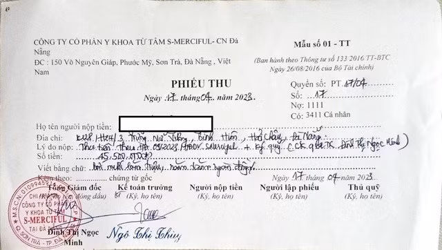 Một phiếu thu tiền khách hàng của Viện dưỡng lão Từ Tâm S-Merciful Đà Nẵng.