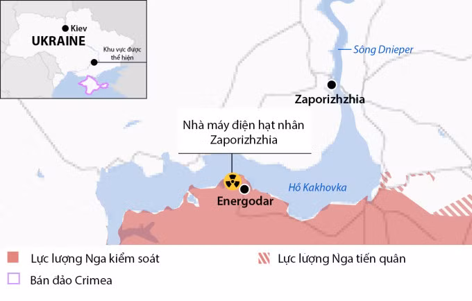 Vị trí nhà máy hạt nhân Zaporizhzhia và thành phố Energodar ở miền nam Ukraine. Đồ họa: BBC