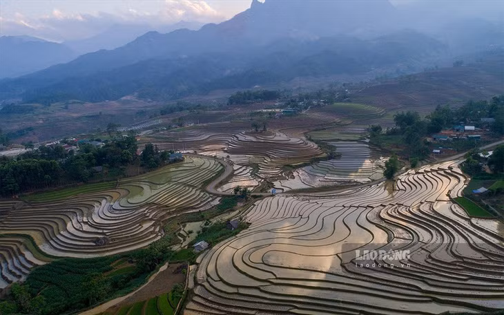 Tháng 5 là thời điểm thời tiết thuận lợi cũng là lúc người dân Sàng Ma Sáo (huyện Bát Xát, tỉnh Lào Cai) làm đất cấy lúa vụ hè thu. Người cày bừa, người nhặt cỏ, trên khắp cánh đồng ruộng bậc thang hùng vĩ mùa nước đổ. Ảnh: Tân Văn.
