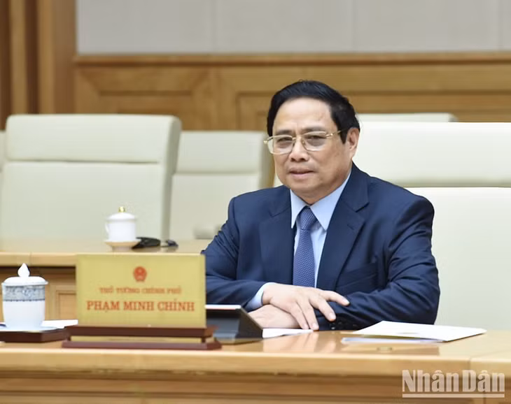 Thủ tướng Phạm Minh Chính phát biểu tại buổi tiếp ông Nikai Toshihiro, Chủ tịch Liên minh Nghị sĩ hữu nghị Nhật-Việt. (Ảnh: Trần Hải)