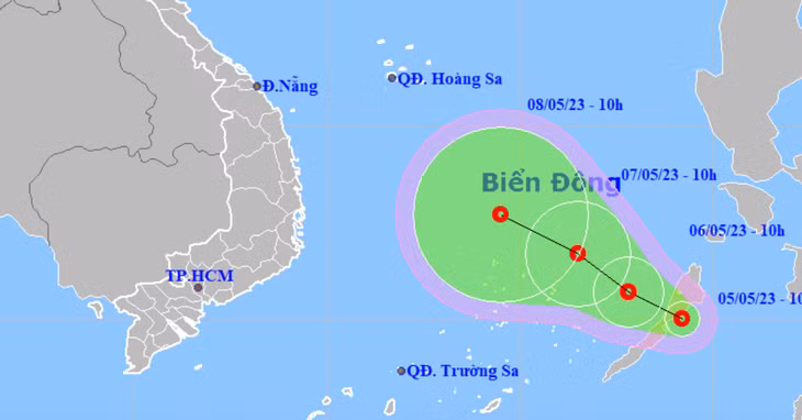 Dự báo hướng đi của áp thấp nhiệt đới. Ảnh: NCHMF