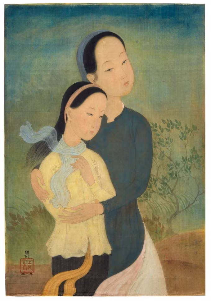 Ba tác phẩm còn lại của Mai Trung Thứ (1906-1980), từng thuộc bộ sưu tập của bác sĩ quân y người Pháp Hervé Kernevez. Tác phẩm "Les deux sœurs" (Hai chị em) sáng tác năm 1945, khắc họa tình thân qua hành động nương tựa, che chở nhau của hai thiếu nữ. Tranh được ước tính trị giá từ 100.000 đến 150.000 eur (2,5 tới 3,8 tỷ đồng).