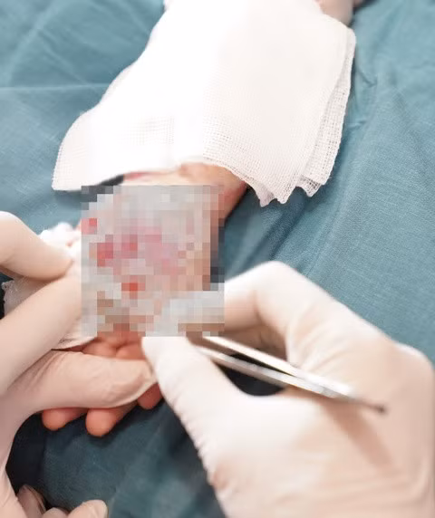 Tay bé M.K. bị bỏng nặng và có dấu hiệu hoại tử khi nhập viện. Ảnh: BVCC.