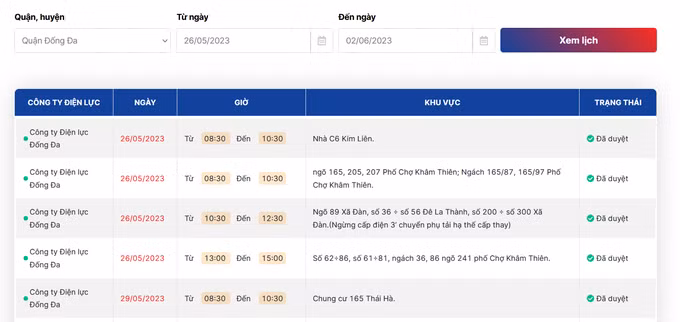 Thông tin về lịch cắt điện tại Quận Đống Đa (Hà Nội) từ ngày 26/6 đến 2/6 được hiển thị chi tiết trên trang web của Tổng Công ty Điện lực thành phố Hà Nội (Ảnh chụp màn hình).