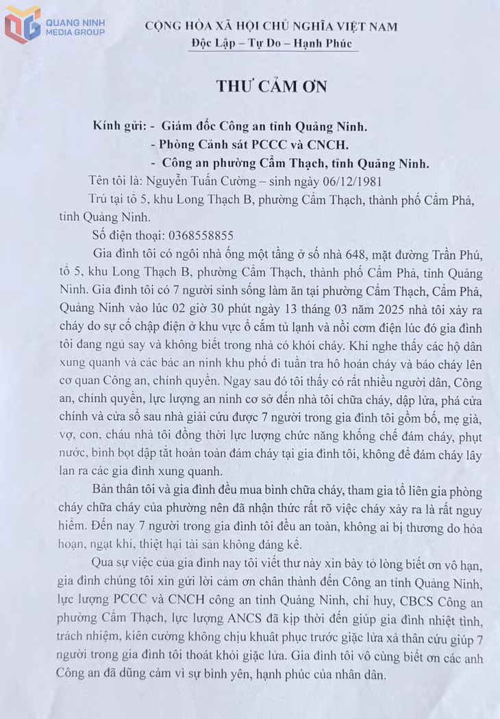 Toàn văn bức thư cảm ơn của anh Nguyễn Tuấn Cường.